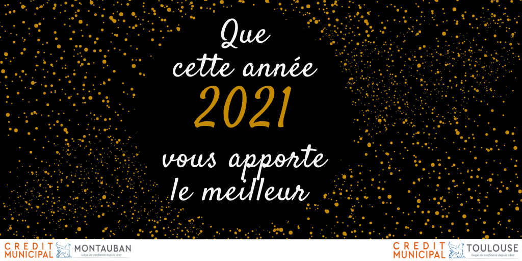 Carte de voeux de l'établissement de 2021 : fond noir et tâches jaunes "Que cette année 2021 vous apporte le meilleur"