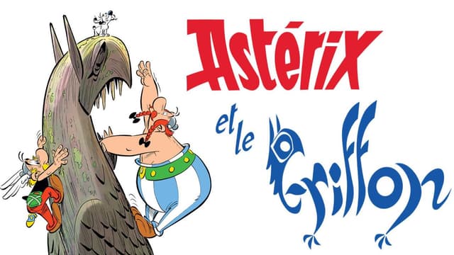 Couverture de la BD "Astérix et le Griffon" : à gauche les deux héros montent sur la scultpture d'un griffon pour récupérer idéfix perché sur son museau