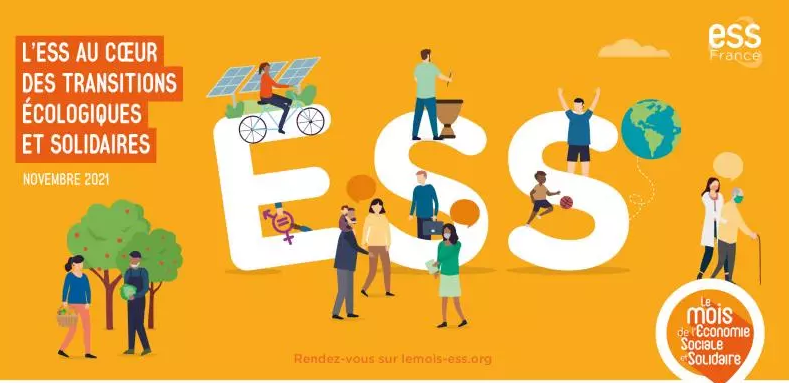Affiche du mois de l'économie sociale et solidaire : fond jaune vive avec des dessins de personnages simplifiés discutant, marchant, jouant