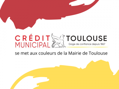 Nouveau logo de l'établissement encadrée d'une trace de peinture dans le coin haut gauche et une jaune dans le coin bas à droite pour matérialiser le changement des couleurs du logo pour se rapprocher des couleurs de la ville de Toulouse