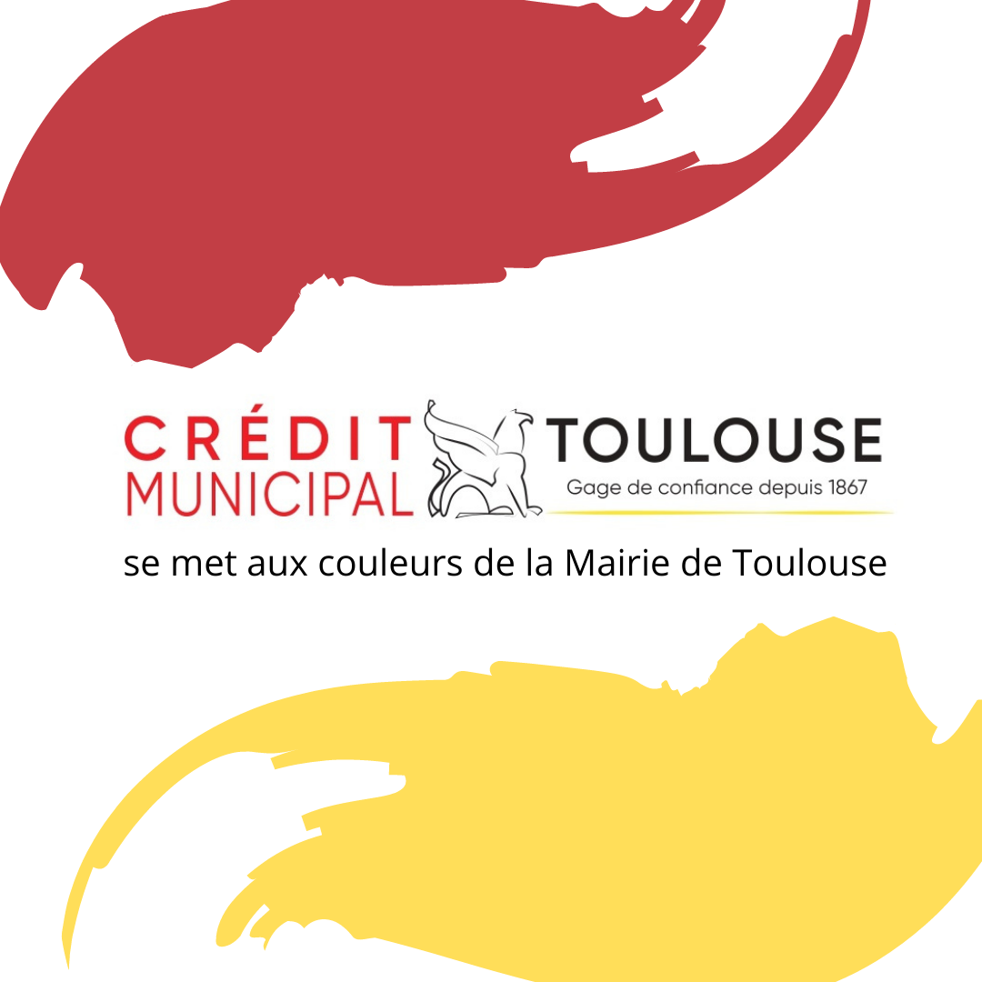 Nouveau logo de l'établissement encadrée d'une trace de peinture dans le coin haut gauche et une jaune dans le coin bas à droite pour matérialiser le changement des couleurs du logo pour se rapprocher des couleurs de la ville de Toulouse