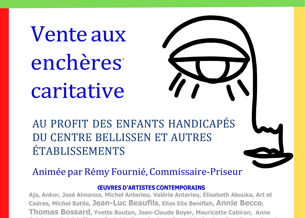 Affiche de la vente aux enchères caritative au profit des enfants handicapés. A droite la reproduction d'un portrait de femme réalisé avec un trait noir dans le style géométrique