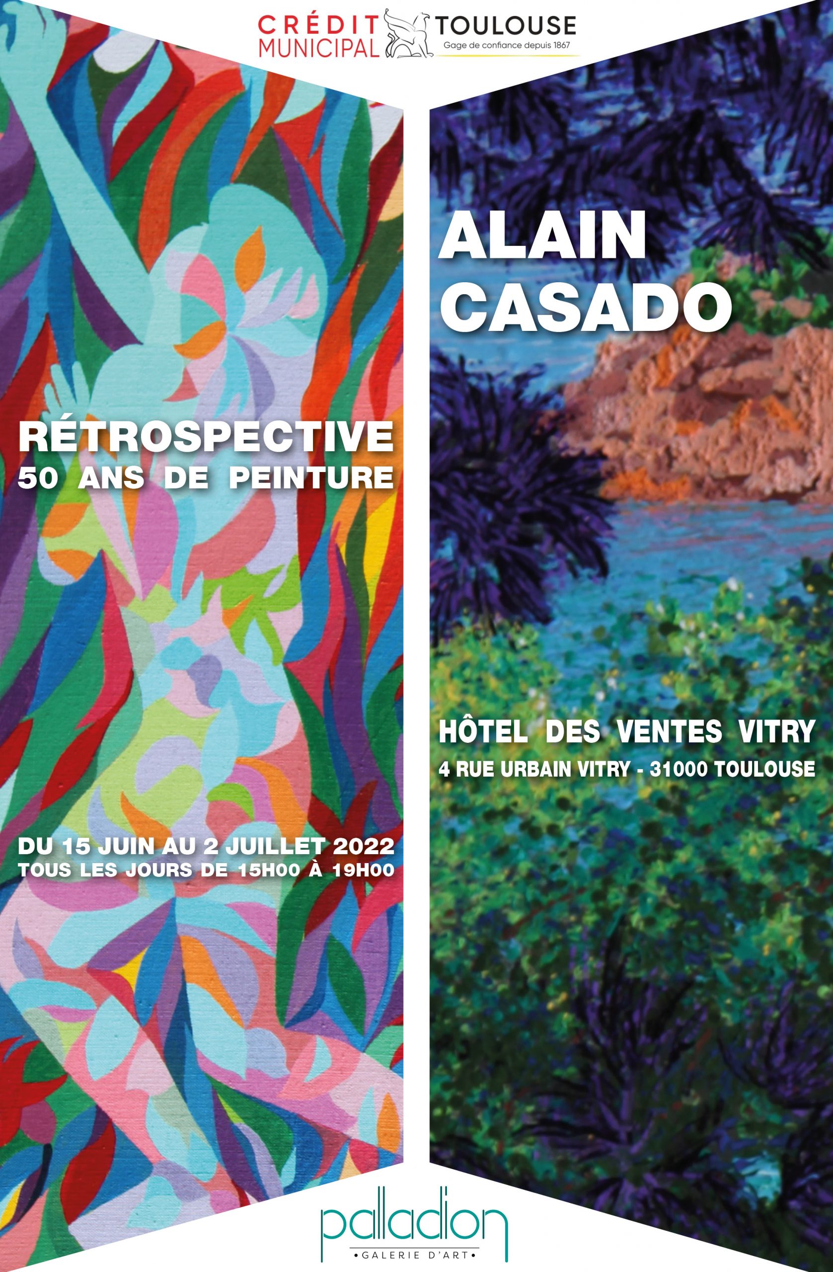 Affiche de l'exposition d'Alain Casado "Rétrospective 50 ans de peinture" A gauche une peinture figurative de femme avec de nombreuses couleurs, à droite un paysage de nature sauvage