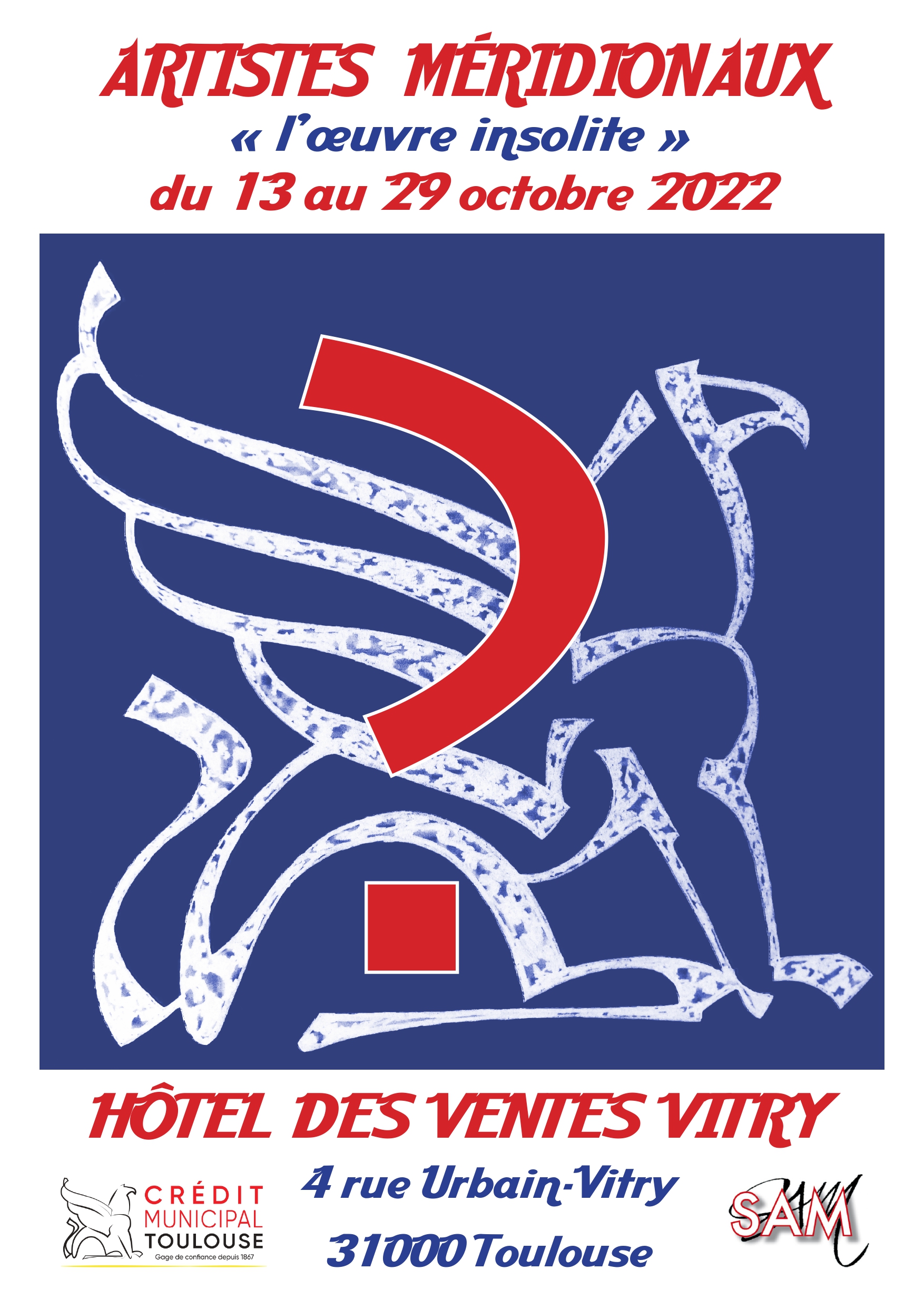 Un griffon aux lignes blanches sur fond bleu avec au premier plan un point d'interrogation rouge