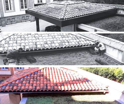 Lévolution en trois photographies des travaux réalisé sur le toit : la pose du toit végétalisé