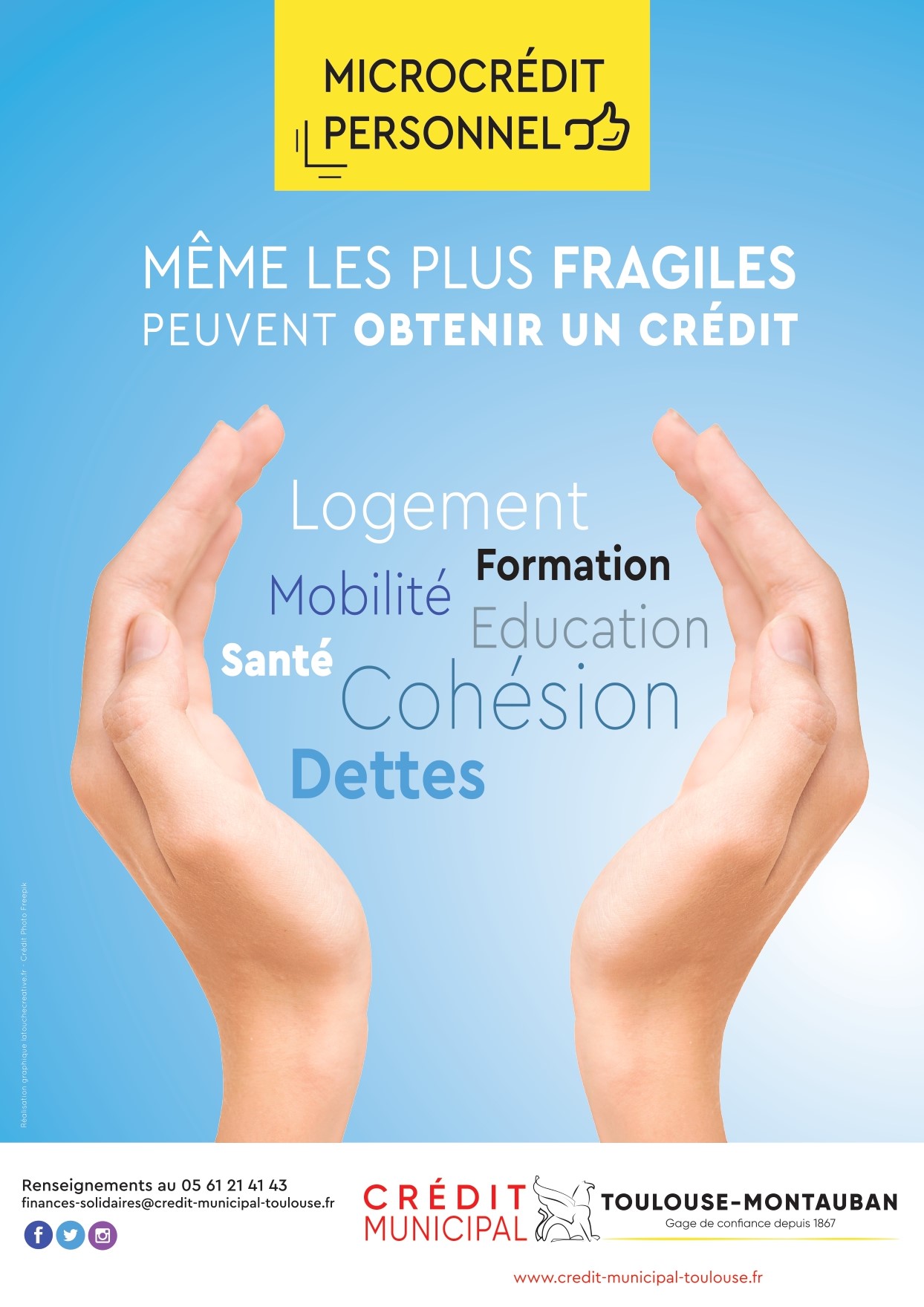 Deux mains englobent les mots suivant : logement, formation, mobilité, santé, cohésion, éducation et dettes